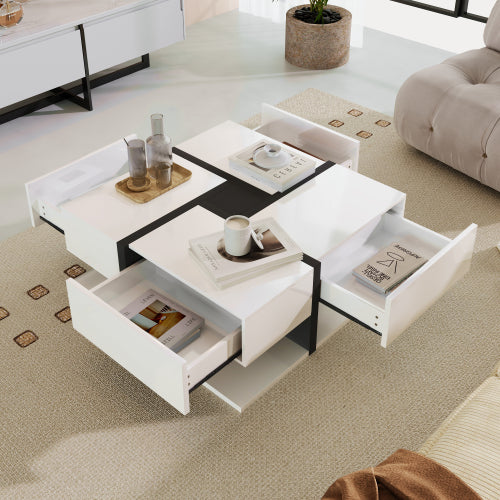 Modern coffee table with storage drawers in a living room setting