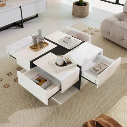 Modern coffee table with storage drawers in a living room setting