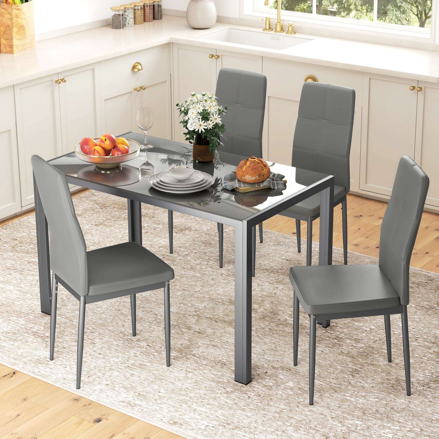 5-Piece Kitchen Dining Table Set With 4 Faux Leather Metal Frame Chairs Glass Tabletop Desk For Dining Room, Kitchen, Dinette, Grey