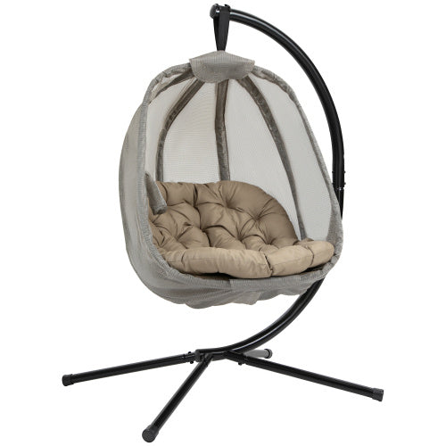 Outsunny Hanging Egg Chair – Folding Swing with Cushion & Stand, Khaki