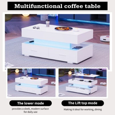 Ascend Smart Lift-Top Coffee Table 100cm – White with LED Lights & Storage