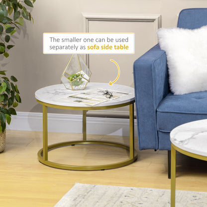 Set of 2 Round White Nesting Coffee Tables with Gold Metal Frame
