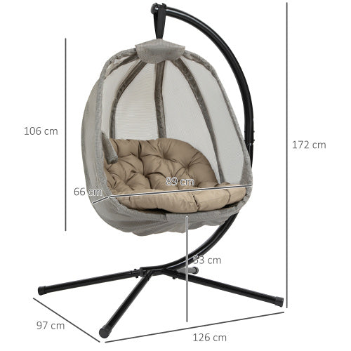 Outsunny Hanging Egg Chair – Folding Swing with Cushion & Stand, Khaki