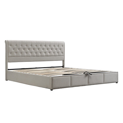 Upholstered Double Bed 4ft6 – Light Grey Linen with Storage & Rivets