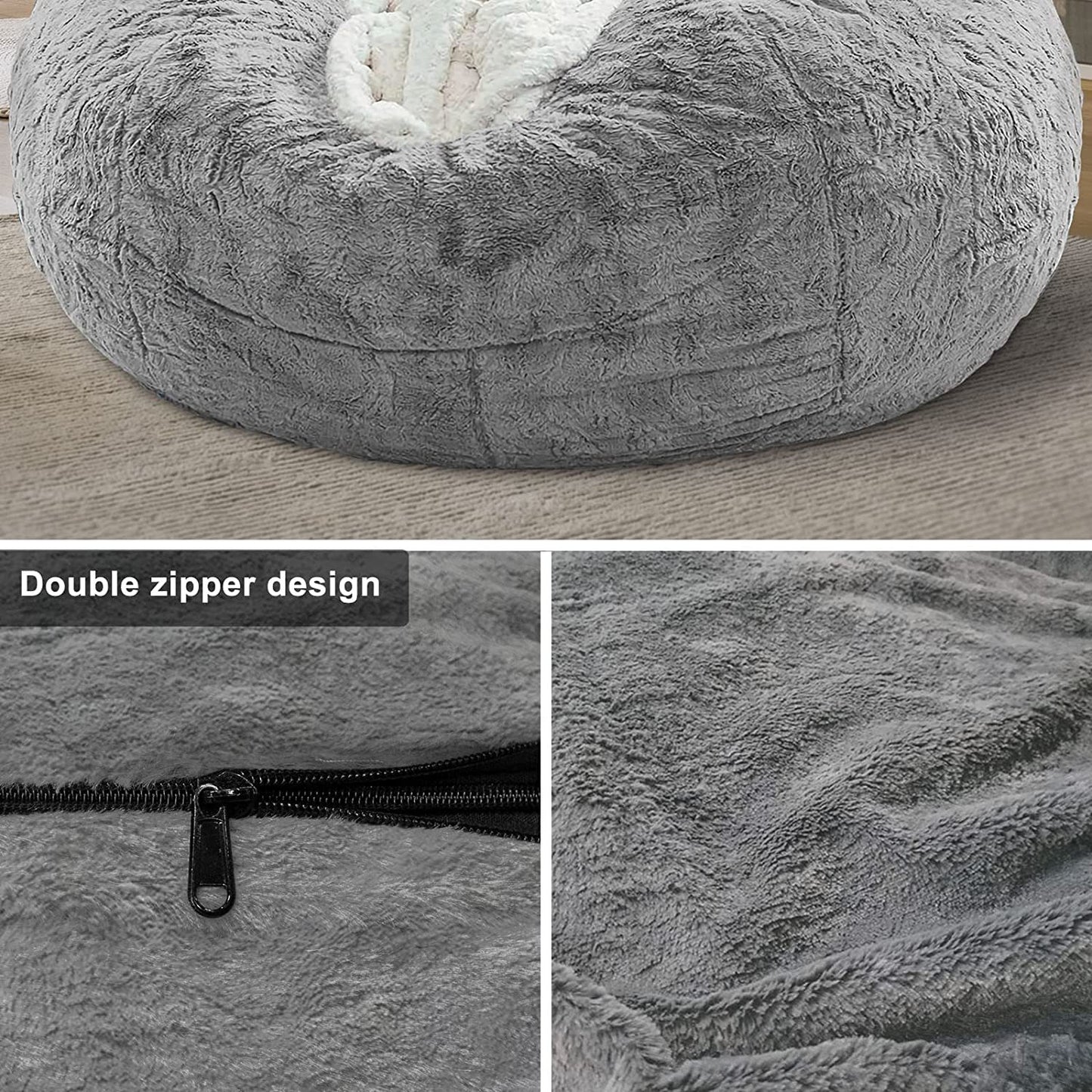 CloudFluff 6ft Giant Bean Bag Cover – Light Grey PV Velvet (Cover Only)
