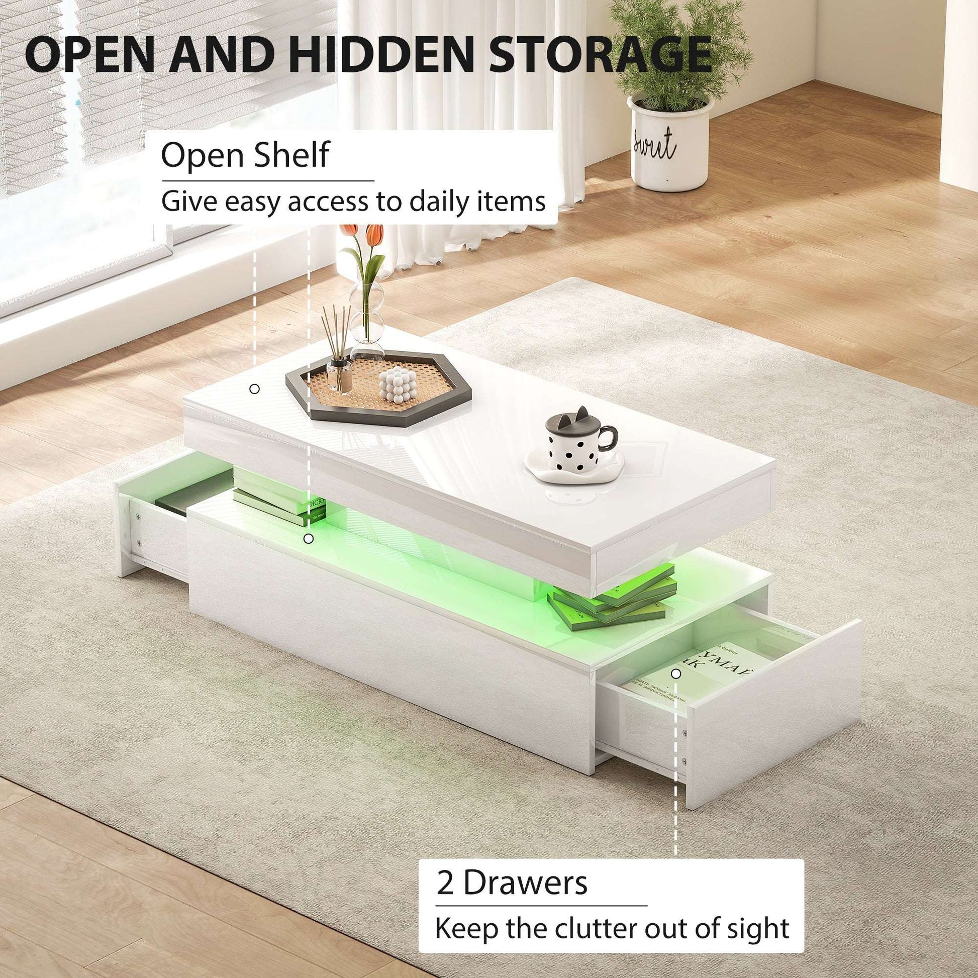 High Gloss White LED Coffee Table with Storage & Drawers