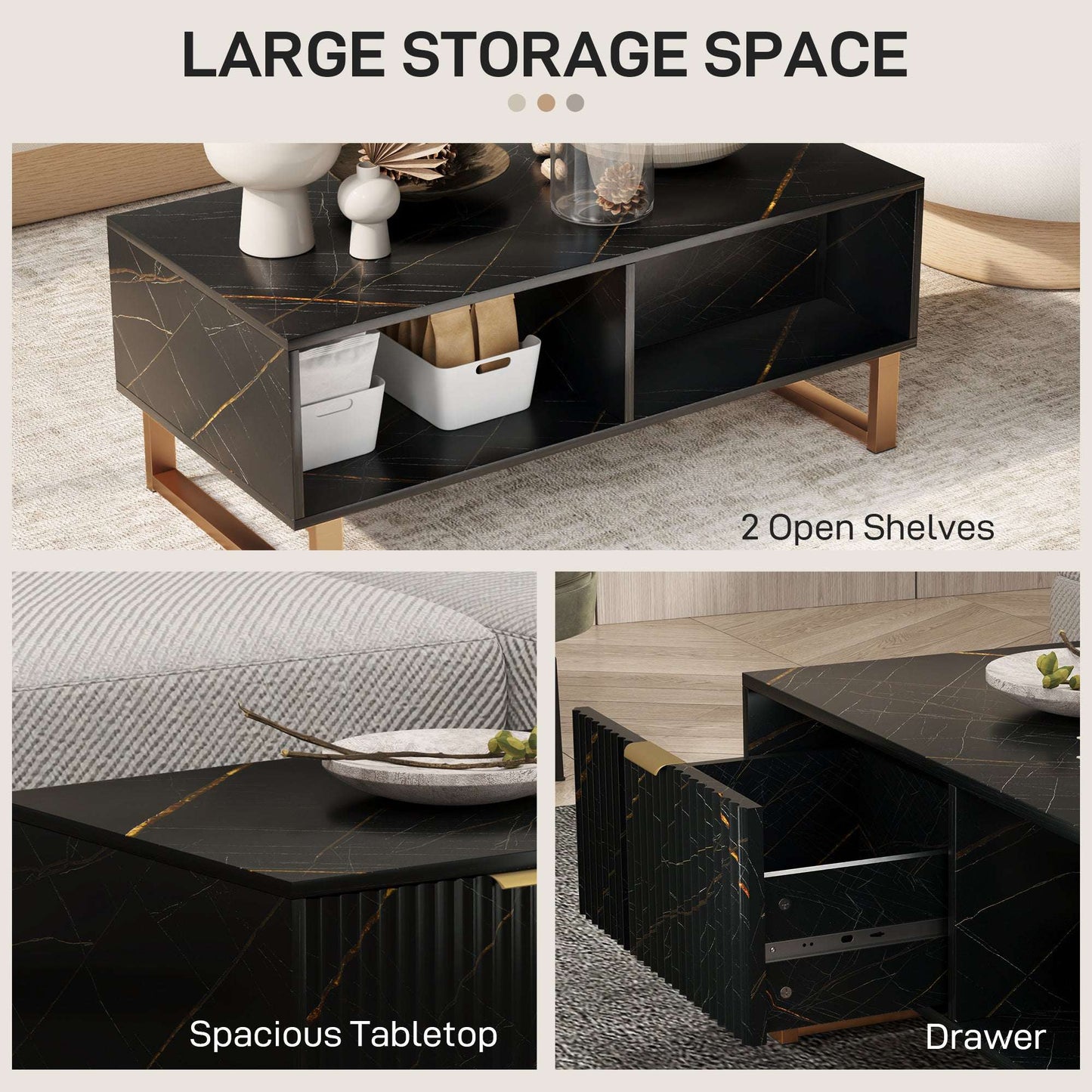 Black Marble‑Effect Coffee Table with Drawer & Shelves – Gold Accents