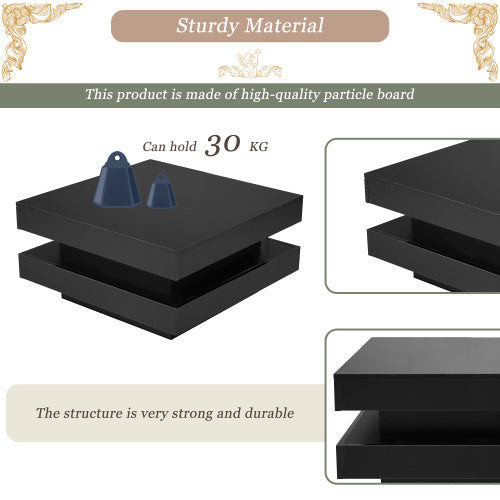 White Square High-Gloss Coffee Table 70x70cm – 360° Rotating Top with 16-Color LED