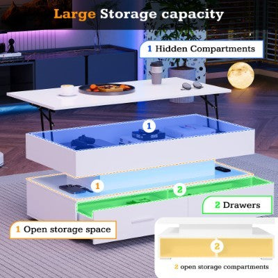Ascend Smart Lift-Top Coffee Table 100cm – White with LED Lights & Storage