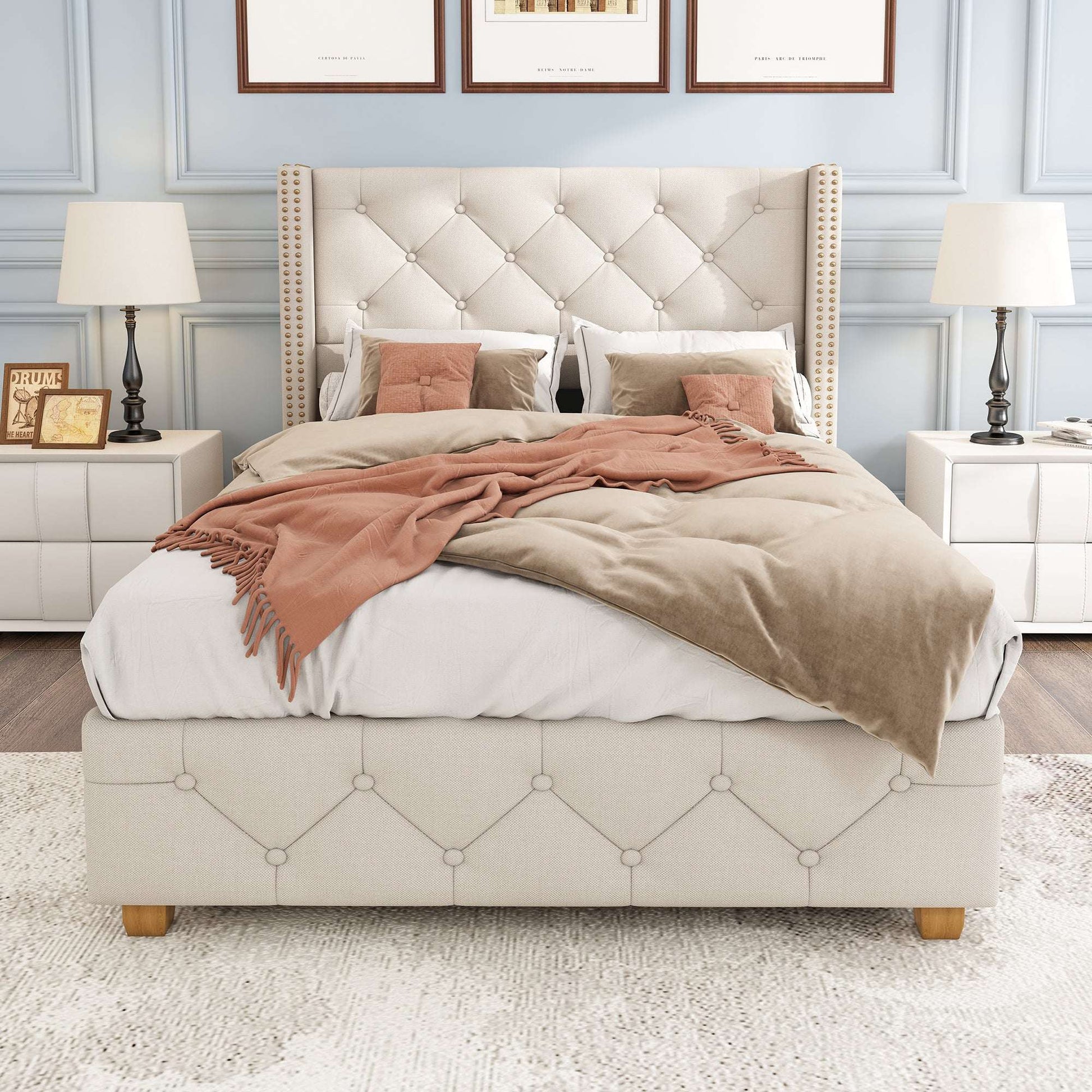3ft Beige Upholstered Single Bed with Button Headboard