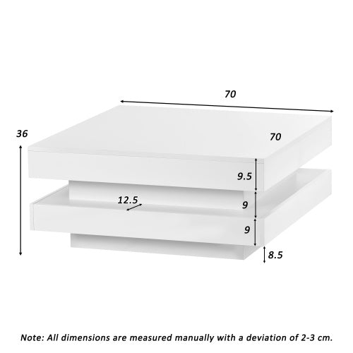 White Square High-Gloss Coffee Table 70x70cm – 360° Rotating Top with 16-Color LED