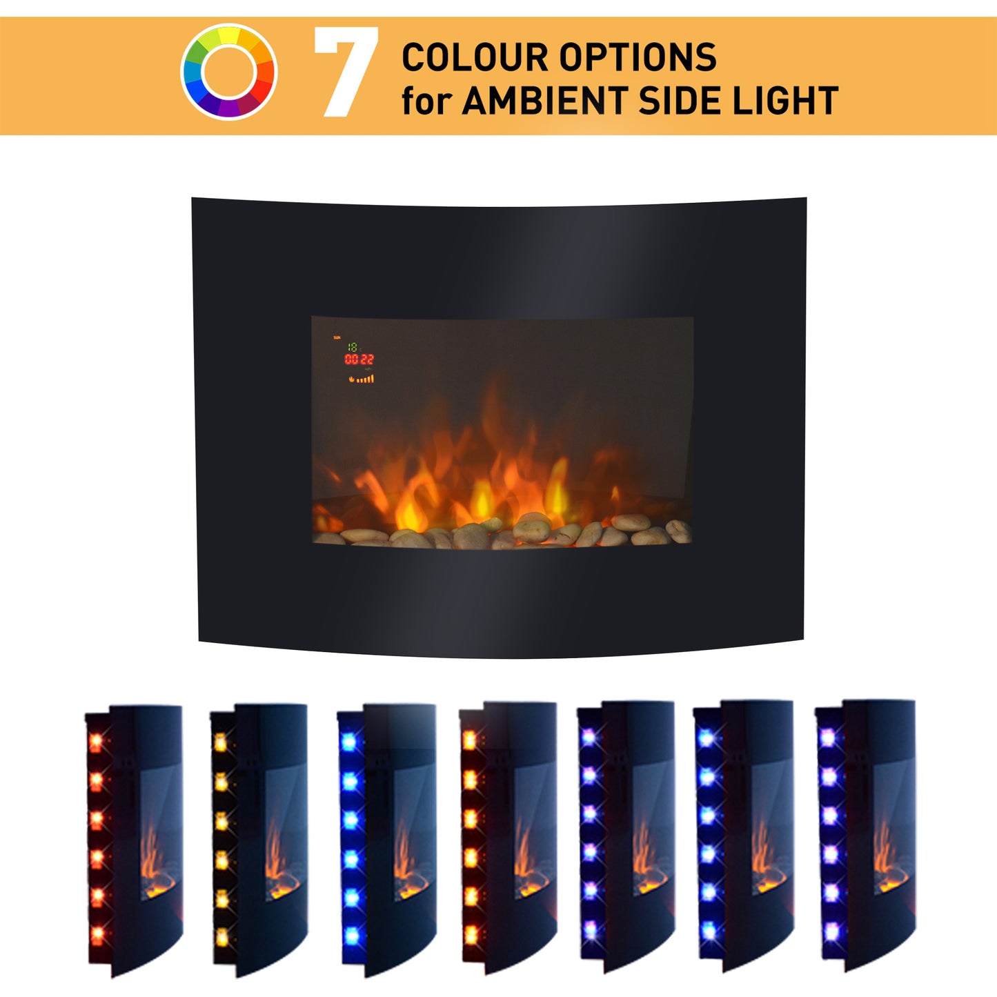 Led Wall Mounted Fireplace Curved Glass Electric Fire Place Fire Place 7 Colour Side Lights Slimline, 900/1800W, 65cm X 52cm
