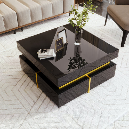 Block coffee table | High Gloss  with Gold Accents and Drawers – Black and White