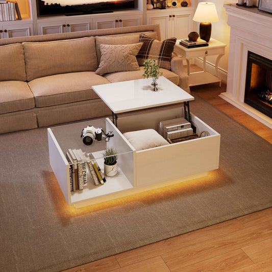 Lift Up LED Coffee Table with Hidden Storage – White High Gloss