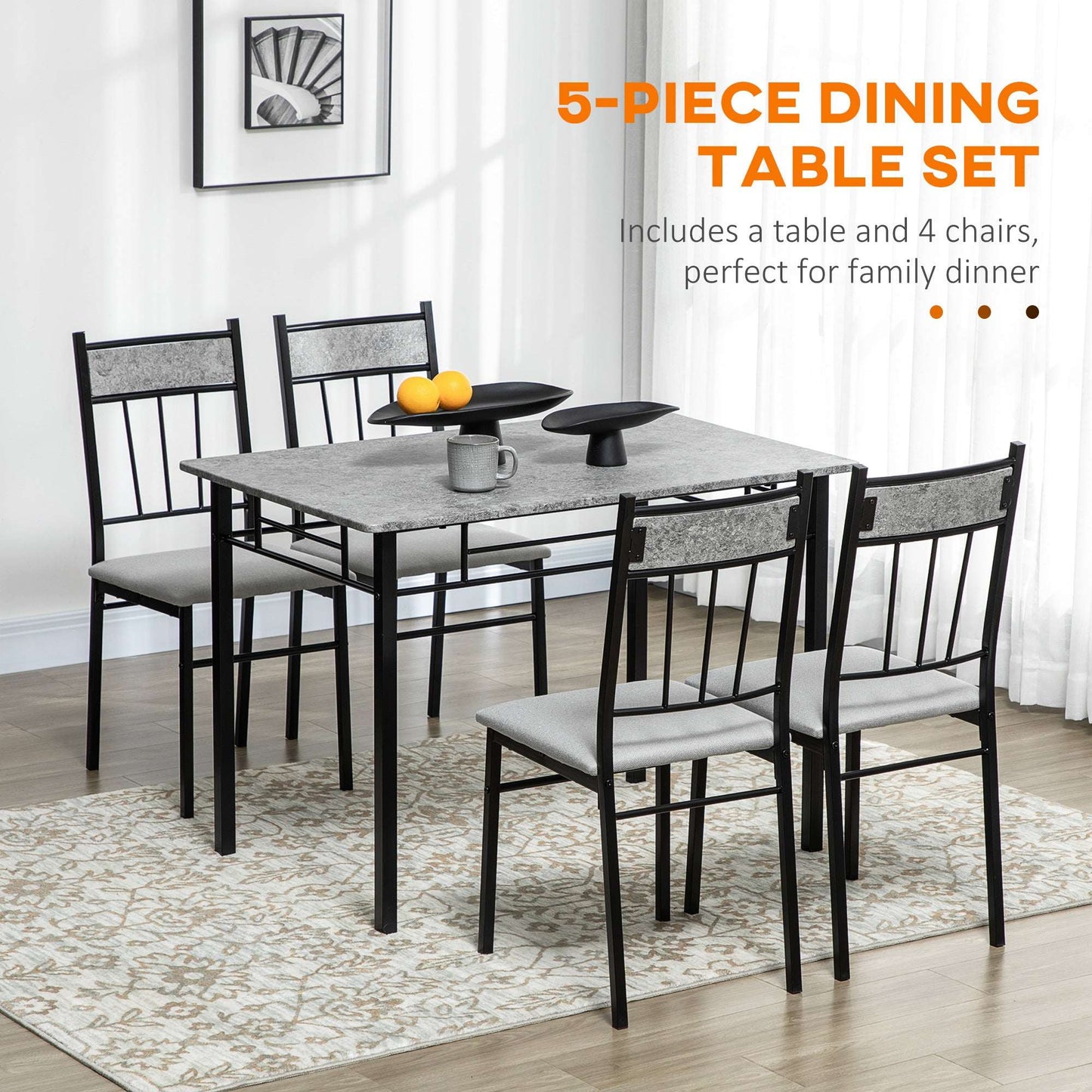 Five-Piece Marble Effect Dining Table Set - Grey/Black
