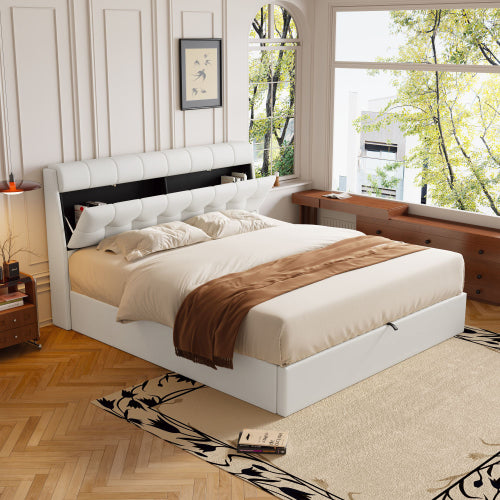 Fashion Upholstered Bed,150x200  5ft, King Bed,Hydraulic Bed,Concealed Headboard Storage,Bed Box Storage,PU,With Slats And Headboard,Without Mattress,Cream White