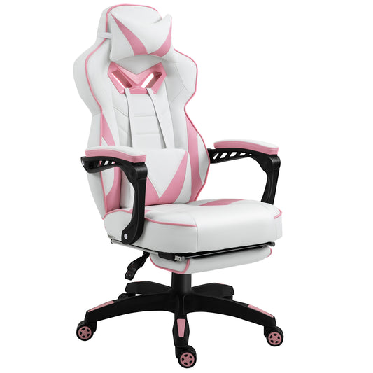 Vinsetto Computer Gaming Chair, Racing Desk Chair With Lumbar Support And Footrest, PU Leather Gamer Chair With Headrest And Swivel Wheels For Home, Pink