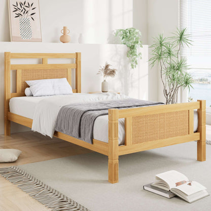 Natural Wood Single Bed with Rattan Panel – 3ft Frame (90×190 cm)