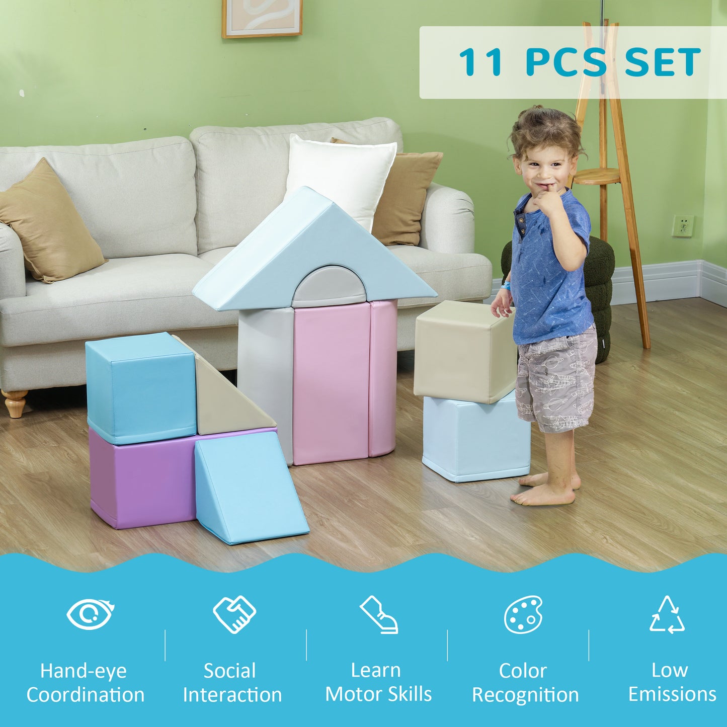 11-Piece Kids Soft Play Set, Foam Block, Toys For Climbing, Crawling, Blue