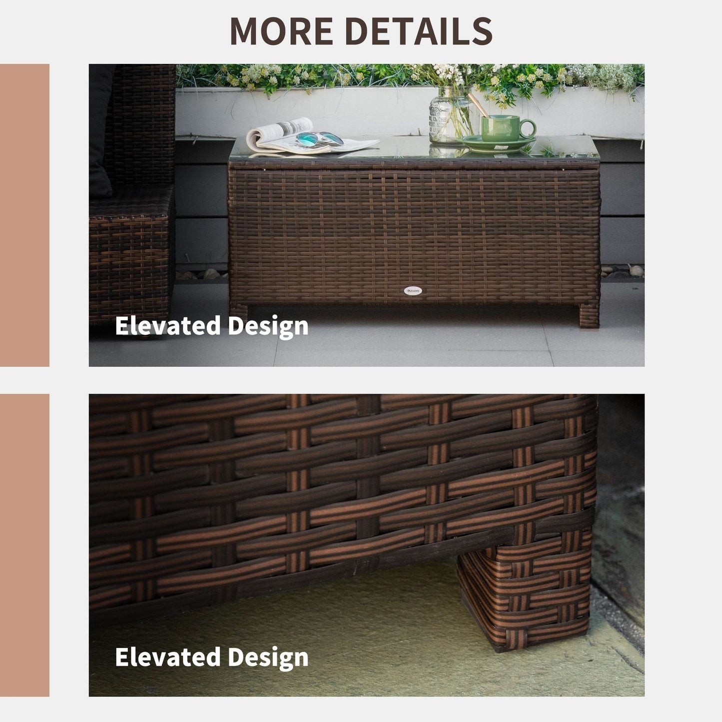 Brown PE Rattan Garden Coffee Table with Tempered Glass Top