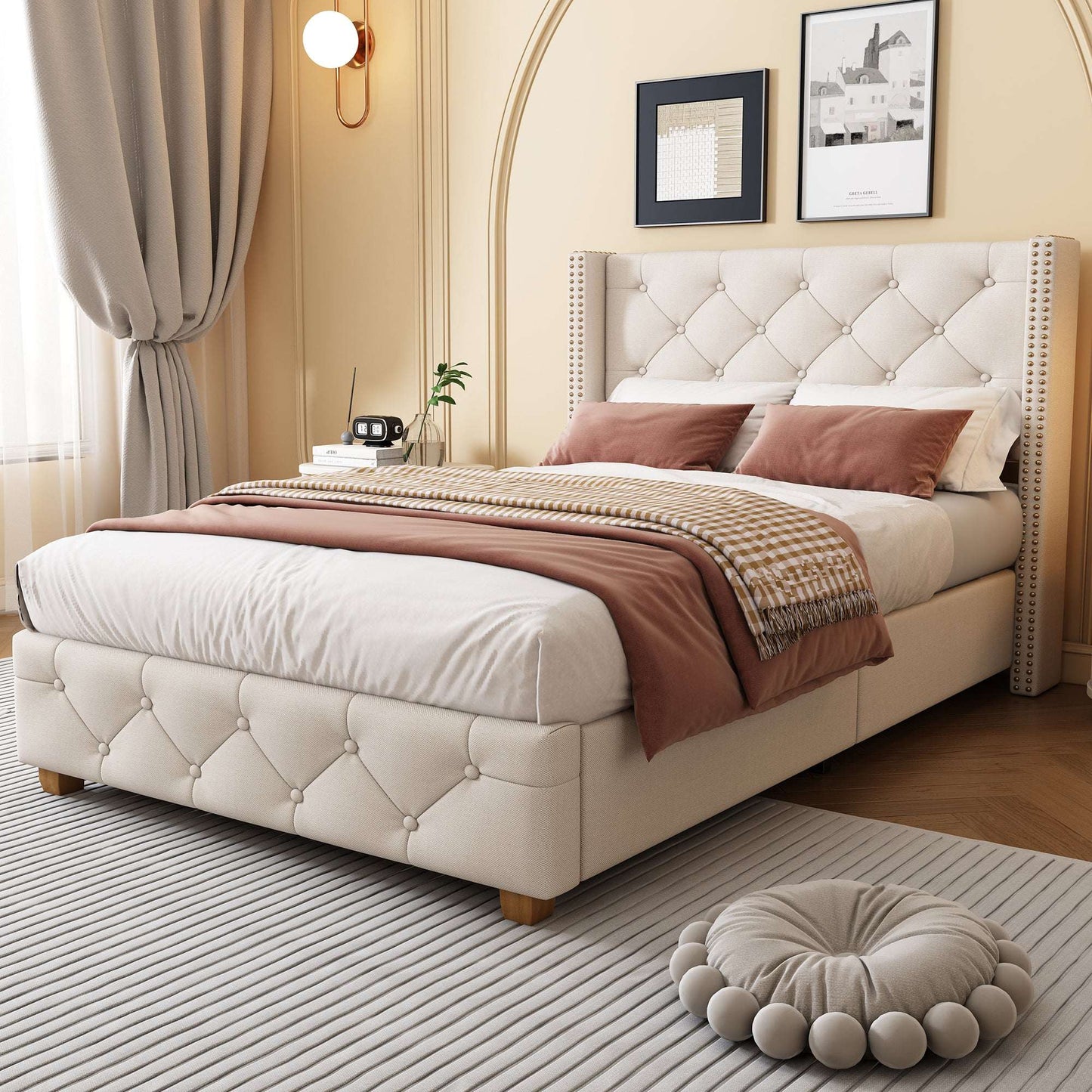 3ft Beige Upholstered Single Bed with Button Headboard