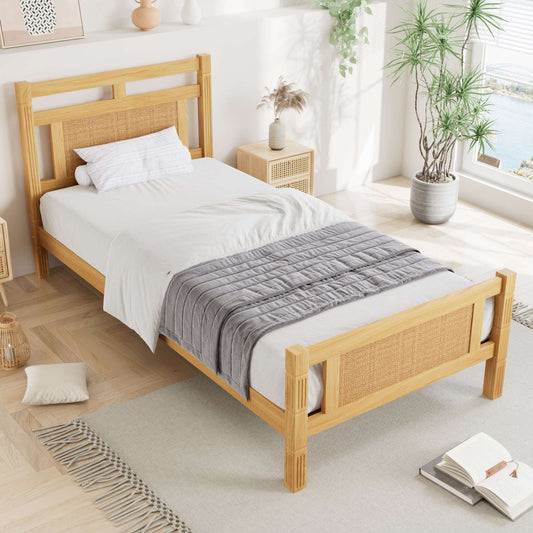 Natural Wood Single Bed with Rattan Panel – 3ft Frame (90×190 cm)