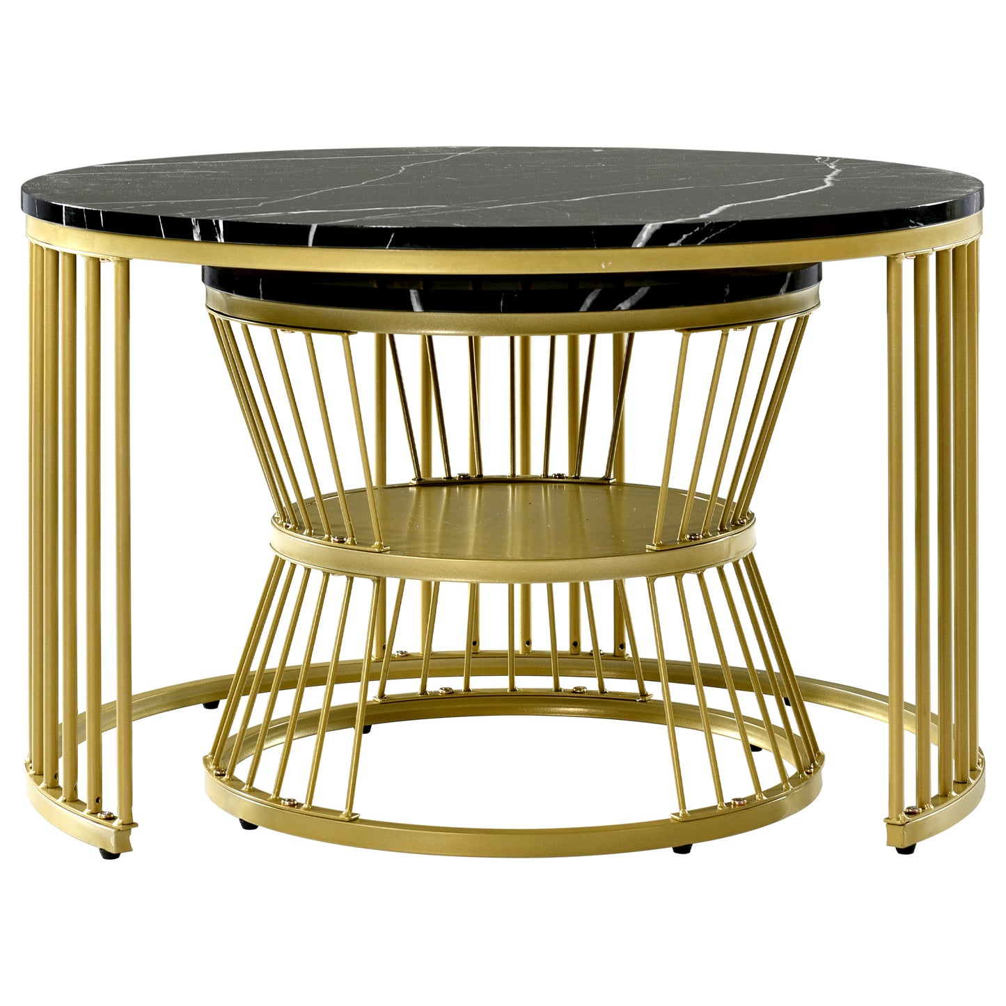 Set of 2 Round Nesting Coffee Tables with Gold Metal Frame & Marble‑Pattern Tops – Black