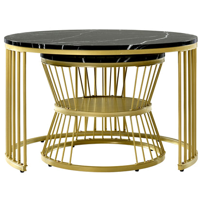 Set of 2 Round Nesting Coffee Tables with Gold Metal Frame & Marble‑Pattern Tops – Black