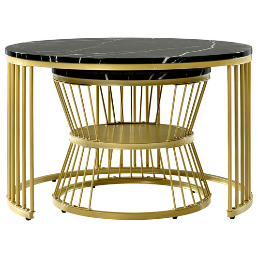 Set of 2 Round Nesting Coffee Tables with Gold Metal Frame & Marble‑Pattern Tops – Black