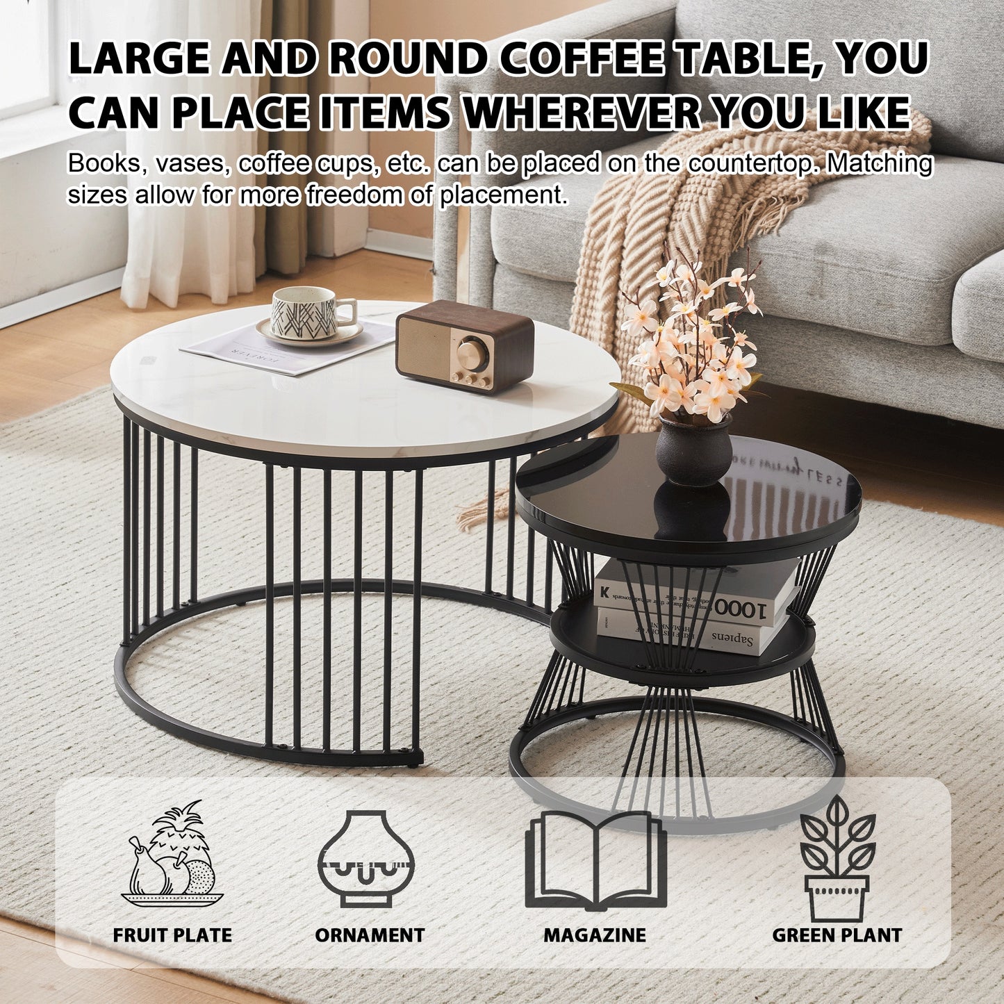 Helios Nesting Coffee Tables Set of 2 – Round Marble-Effect Top with Black Frame
