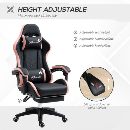Vinsetto Computer Gaming Chair, PU Leather Office Desk Chair With Footrest, Swivel Wheels, 135° Reclining Back, Lumbar Support, Headrest For Home, Black And Pink