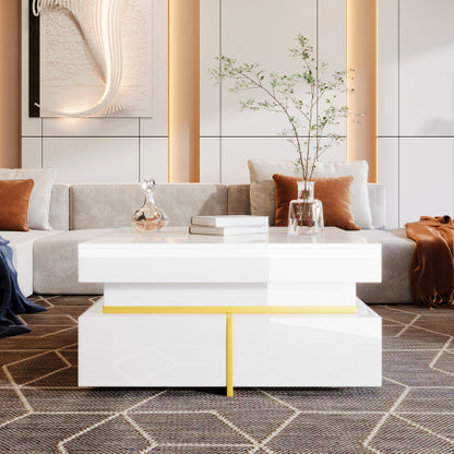 Block coffee table | High Gloss  with Gold Accents and Drawers – Black and White