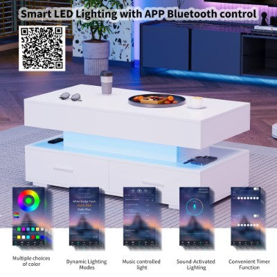 Ascend Smart Lift-Top Coffee Table 100cm – White with LED Lights & Storage