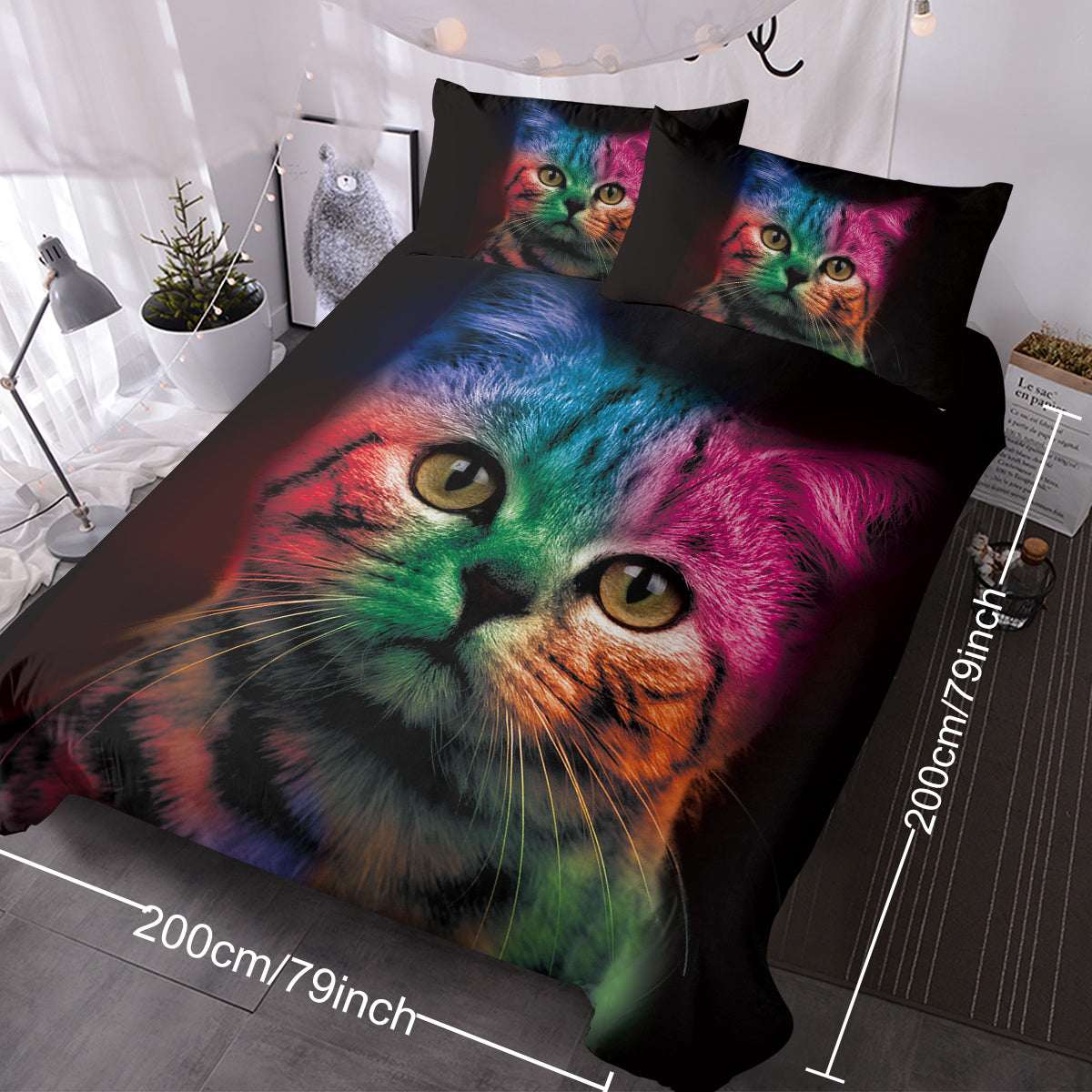 Cat Bedding For Kids Girls Boys Cute Colorful Cat Pattern Quilt Cover Bedspread 3 Piece Bold Color Black Animal Duvet Cover Set For Single Bed
