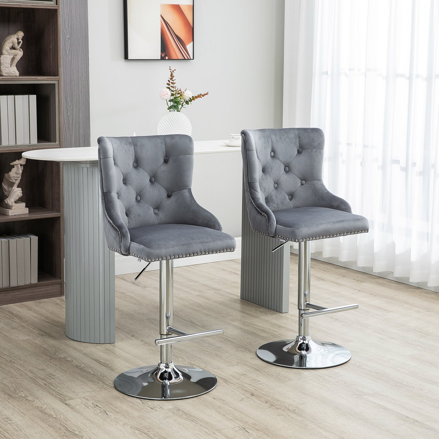 Velvet Swivel Bar Stools – Set of 2 (Grey)