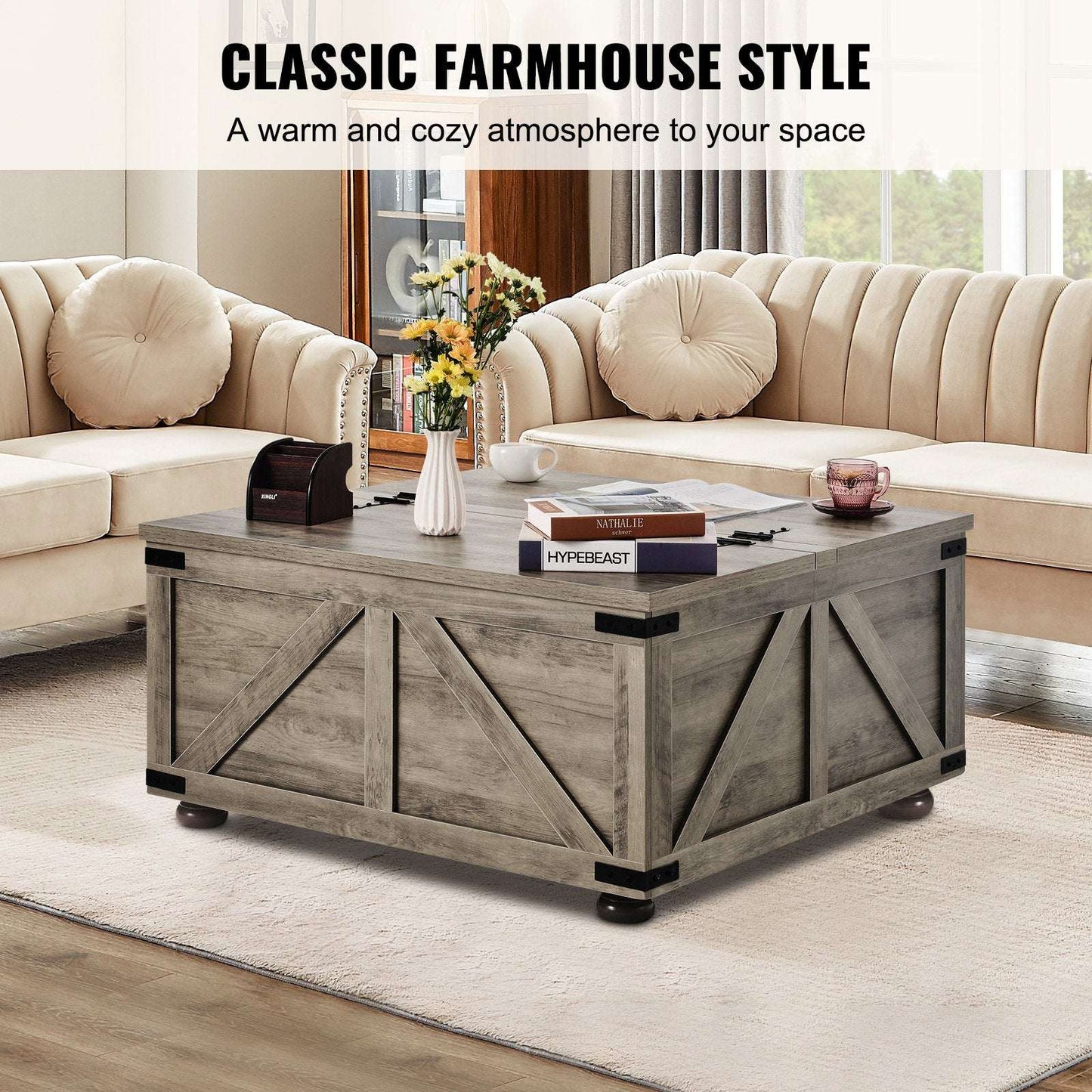 Farmhouse Lift‑Top Coffee Table with Hidden Storage – White Wood