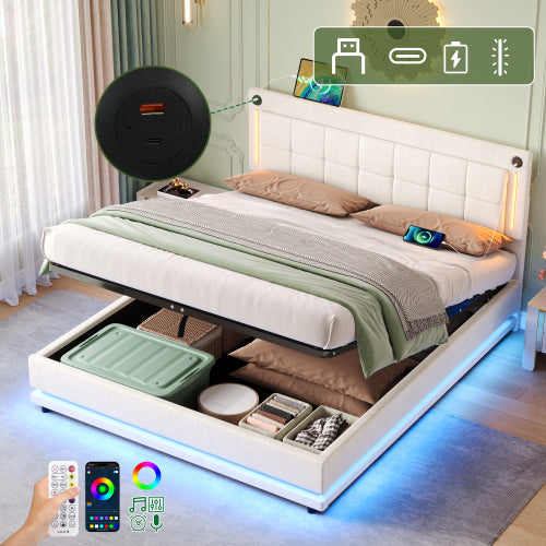 Beige 4ft6 Velvet LED Hydraulic Storage Bed with USB & Type‑C Charging Station