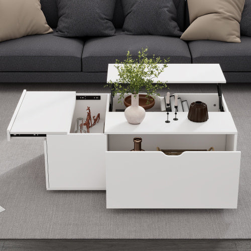Lift-Up Coffee Table – White Wooden Sofa End Table with Drawer