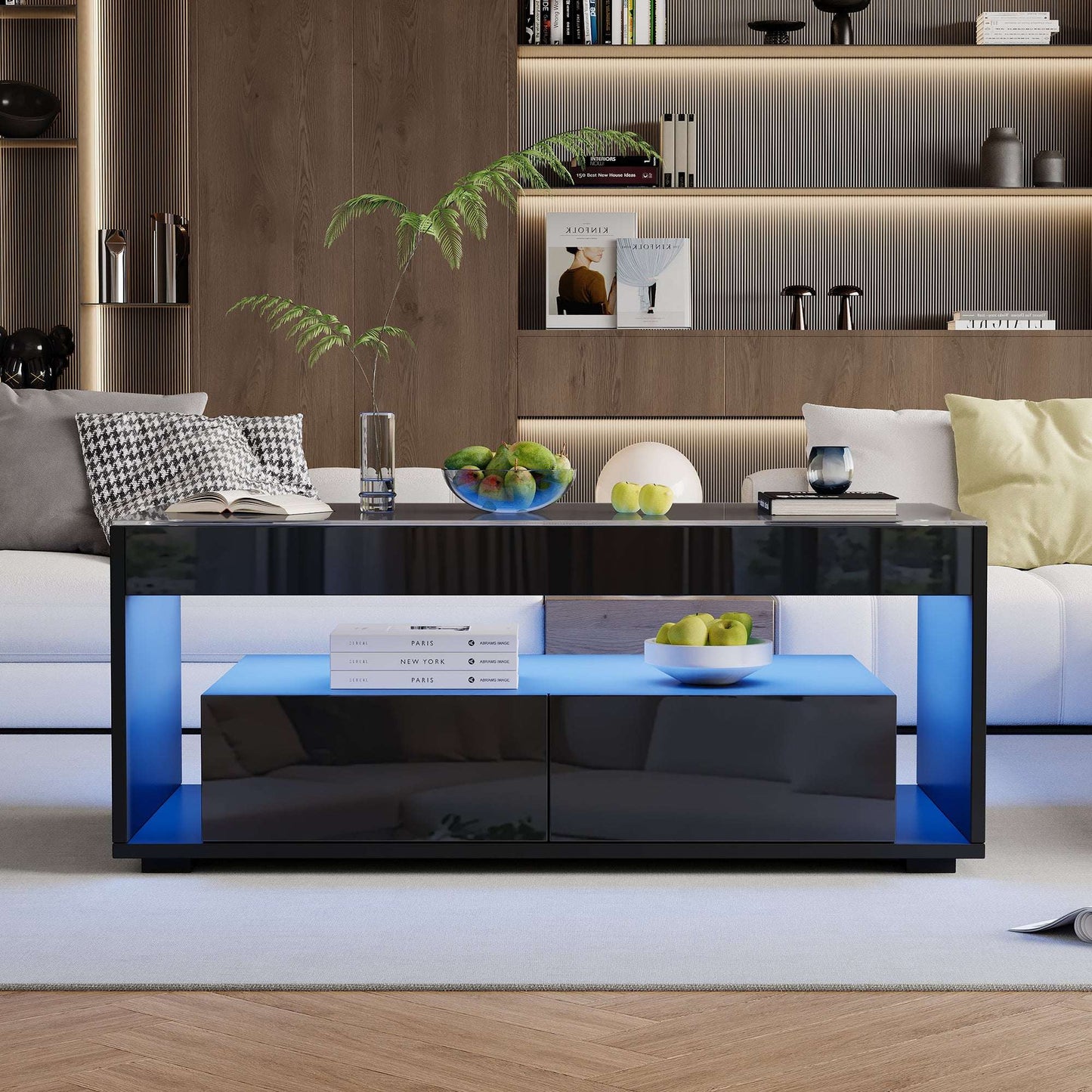 Black High‑Gloss LED Coffee Table with Glass Top & Drawers