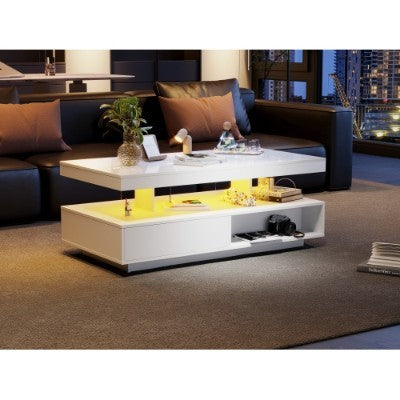 LED Coffee Table with 2 Drawers – White High‑Gloss