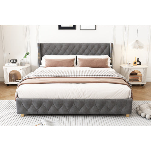 Sienna Velvet Double Bed Frame 4ft6 – Grey Buttoned Headboard