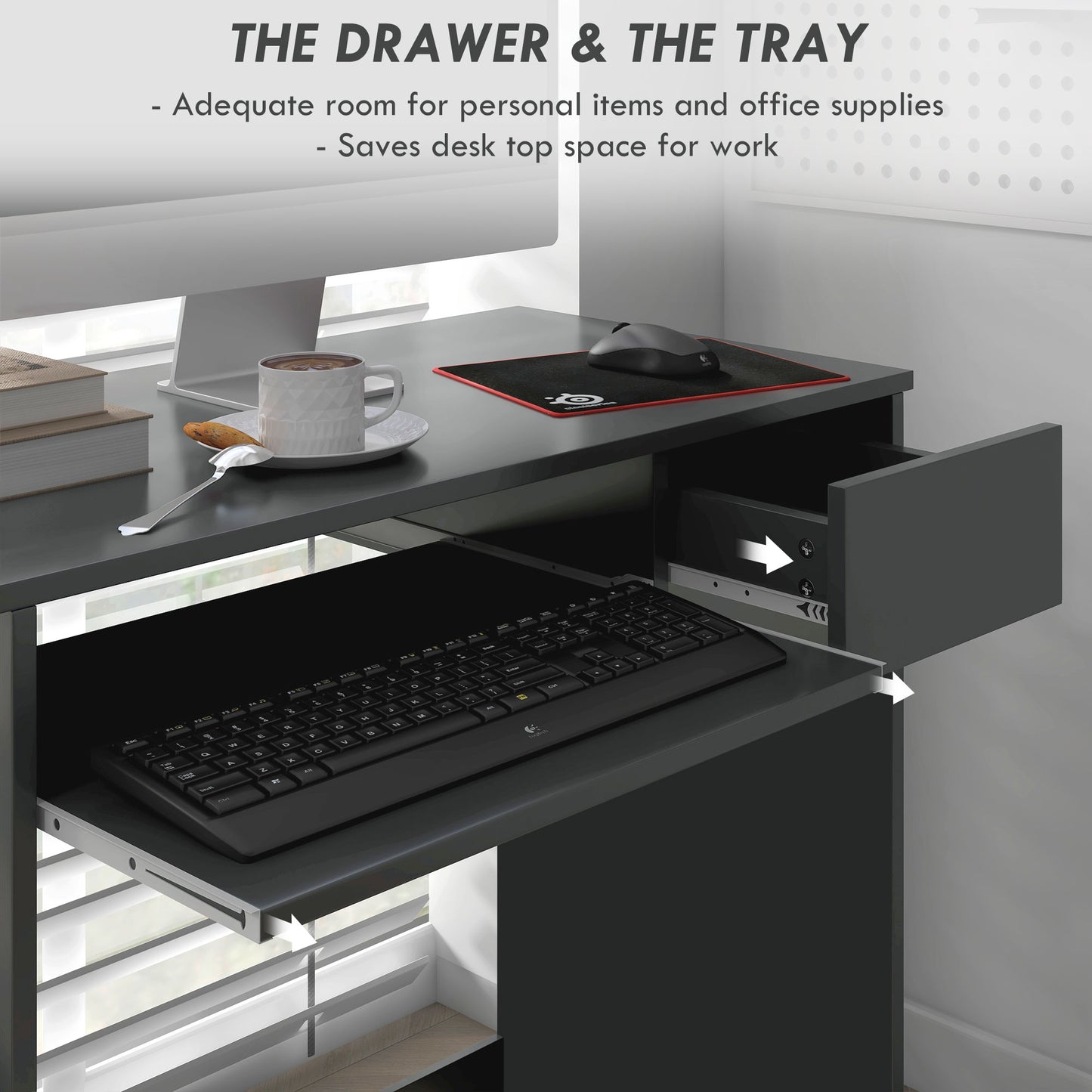 Compact Computer Desk With Keyboard Tray And Drawer, Study Desk, Writing Desk For Home Office, Grey