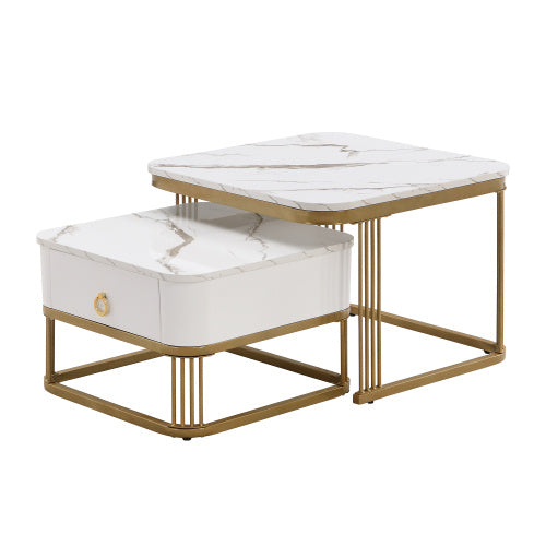 Nestable Coffee Tables Set of 2 – High-Gloss Marble with Gold Accents & Drawer