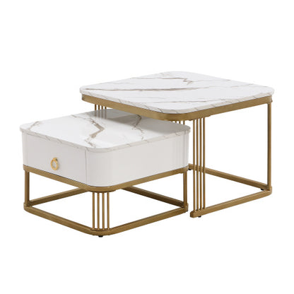 Set of 2 High‑Gloss Marble Nesting Coffee Tables with Gold Accents & Drawer
