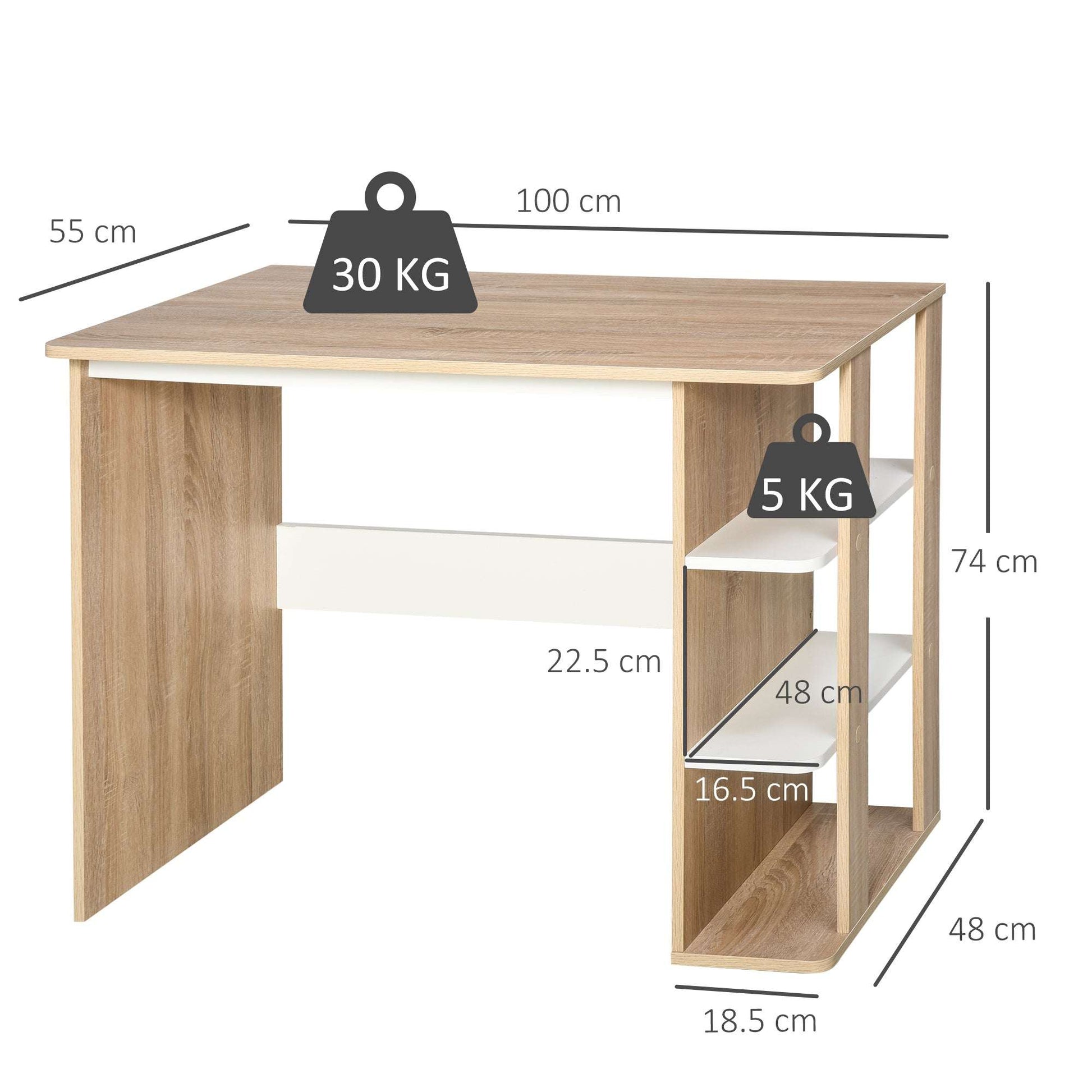 Computer Desk, Writing Desk With 3-Tier Storage Shelf, Work Table For Home Office, Study, Living Room, Oak And White