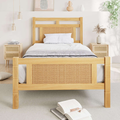 Natural Wood Single Bed with Rattan Panel – 3ft Frame (90×190 cm)