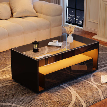 Black High‑Gloss LED Coffee Table with Glass Top & Drawers