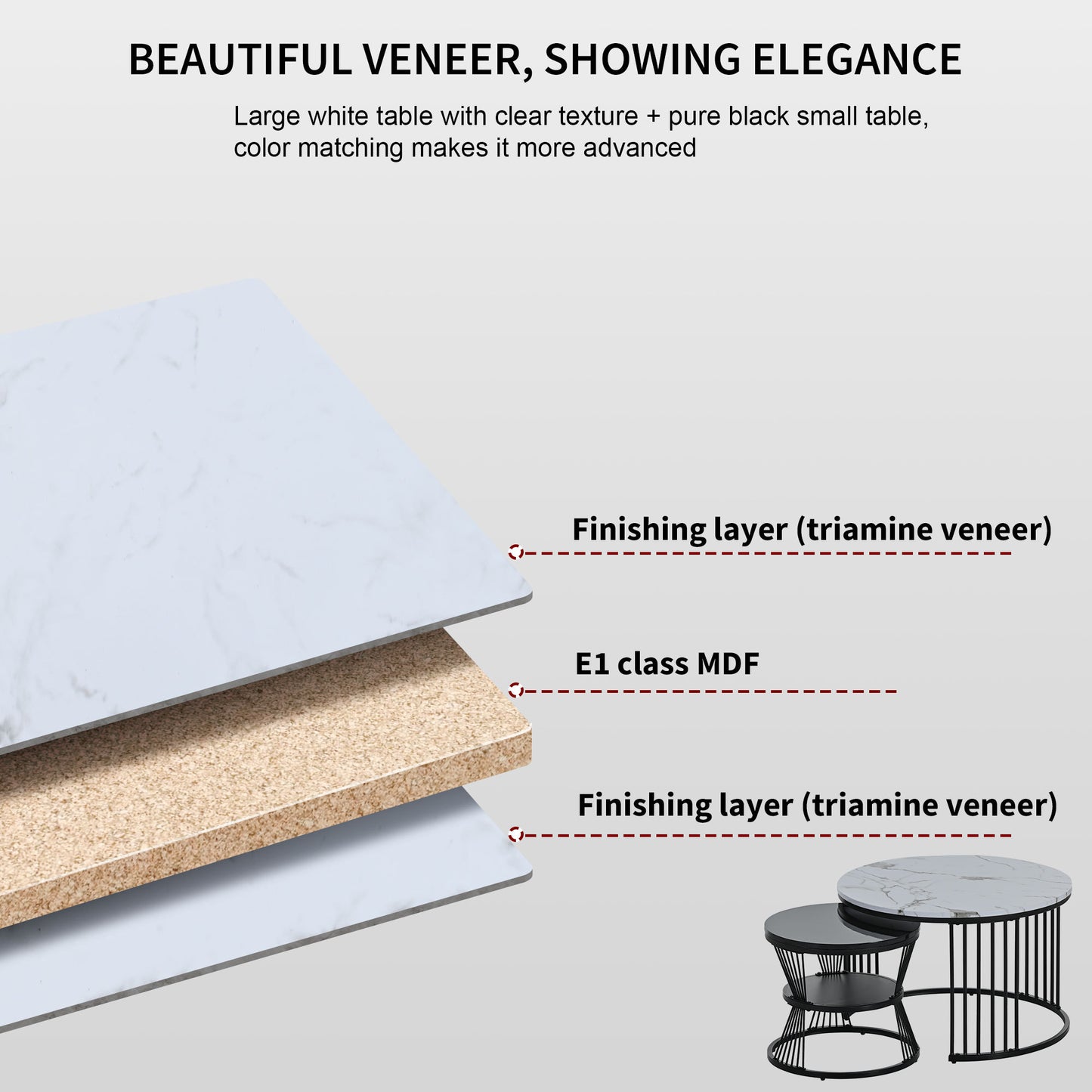 Helios Nesting Coffee Tables Set of 2 – Round Marble-Effect Top with Black Frame