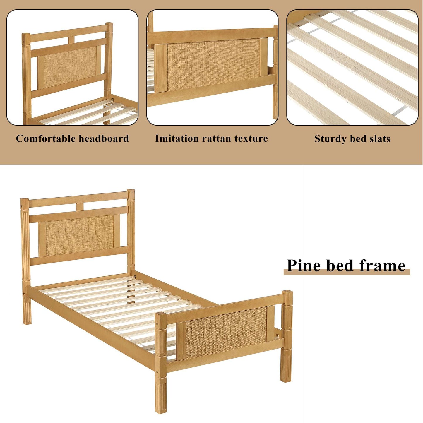 Natural Wood Single Bed with Rattan Panel – 3ft Frame (90×190 cm)