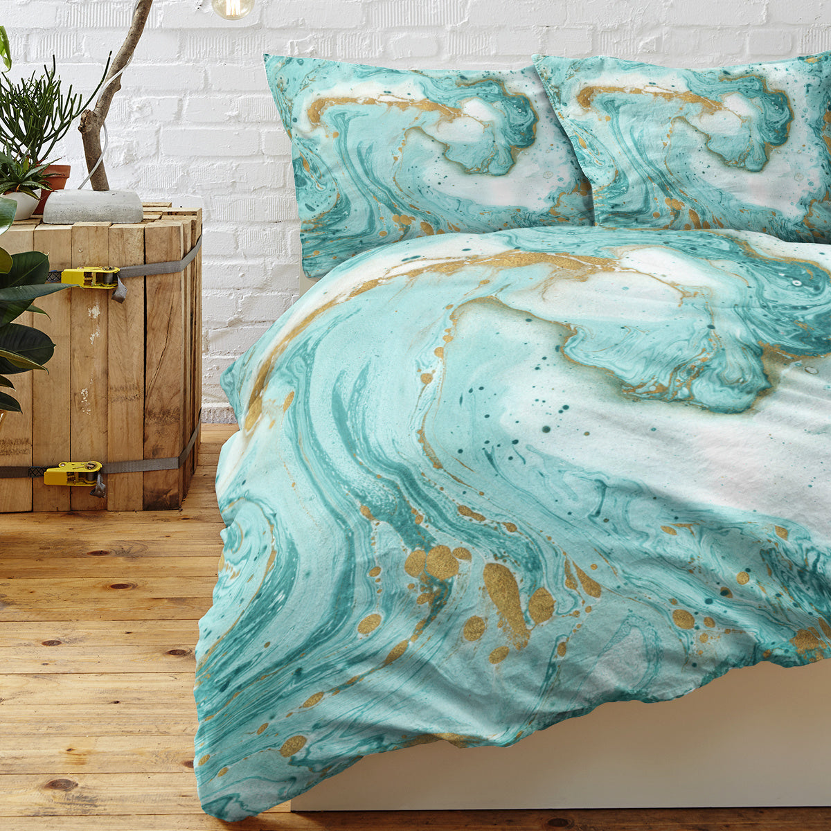 Celestial Mint Marble Duvet Cover Set | Turquoise & Gold Glitter Abstract Print Bedding, 3-Piece Double/Full Size with 2 Pillow Shams